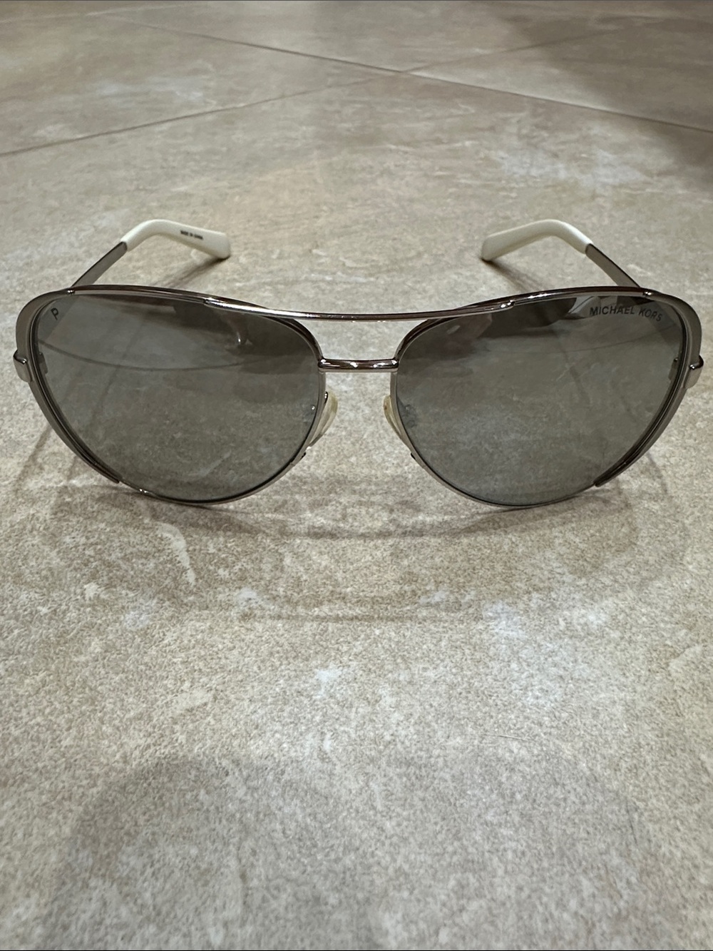Michael Kors Silver Aviator Sunglasses with White Temples and Gray Lenses